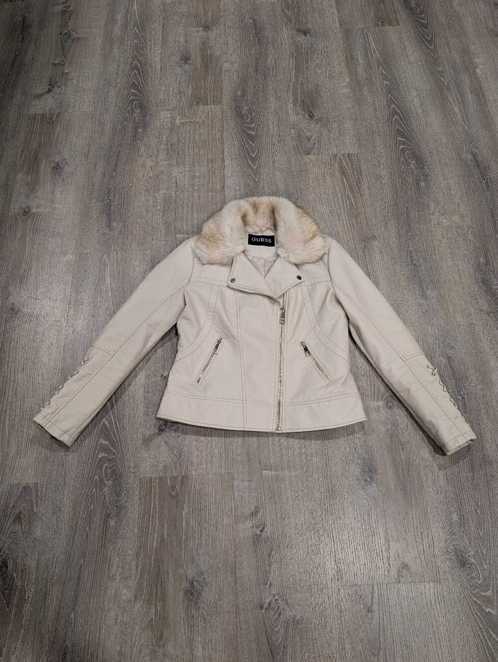 GUESS Cream Faux Leather Moto Biker Jacket Detachable Faux Fur Collar Women L
